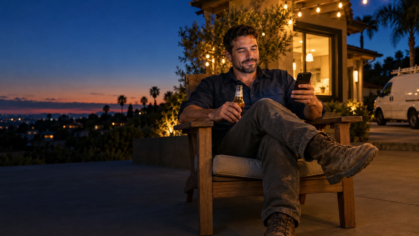A contractor relaxing on his patio at dusk, checking a new job on his phone